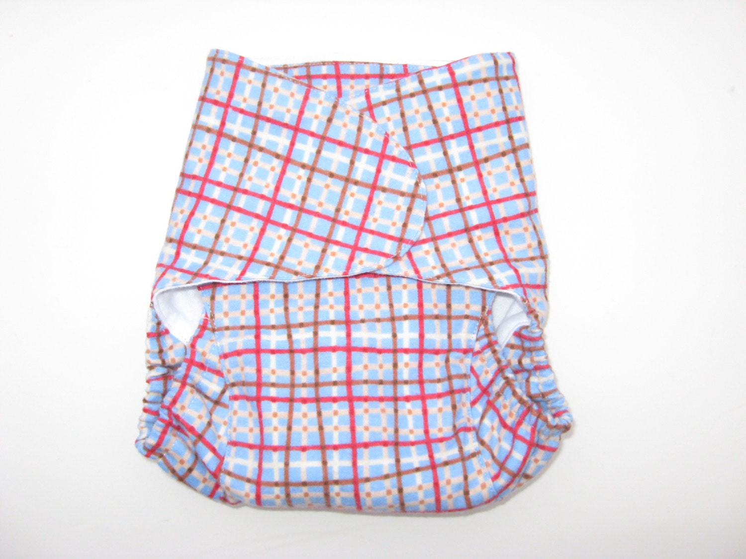 One-Size Fitted Cloth Diaper - Brown and Blue and Red Plaid- White Lining