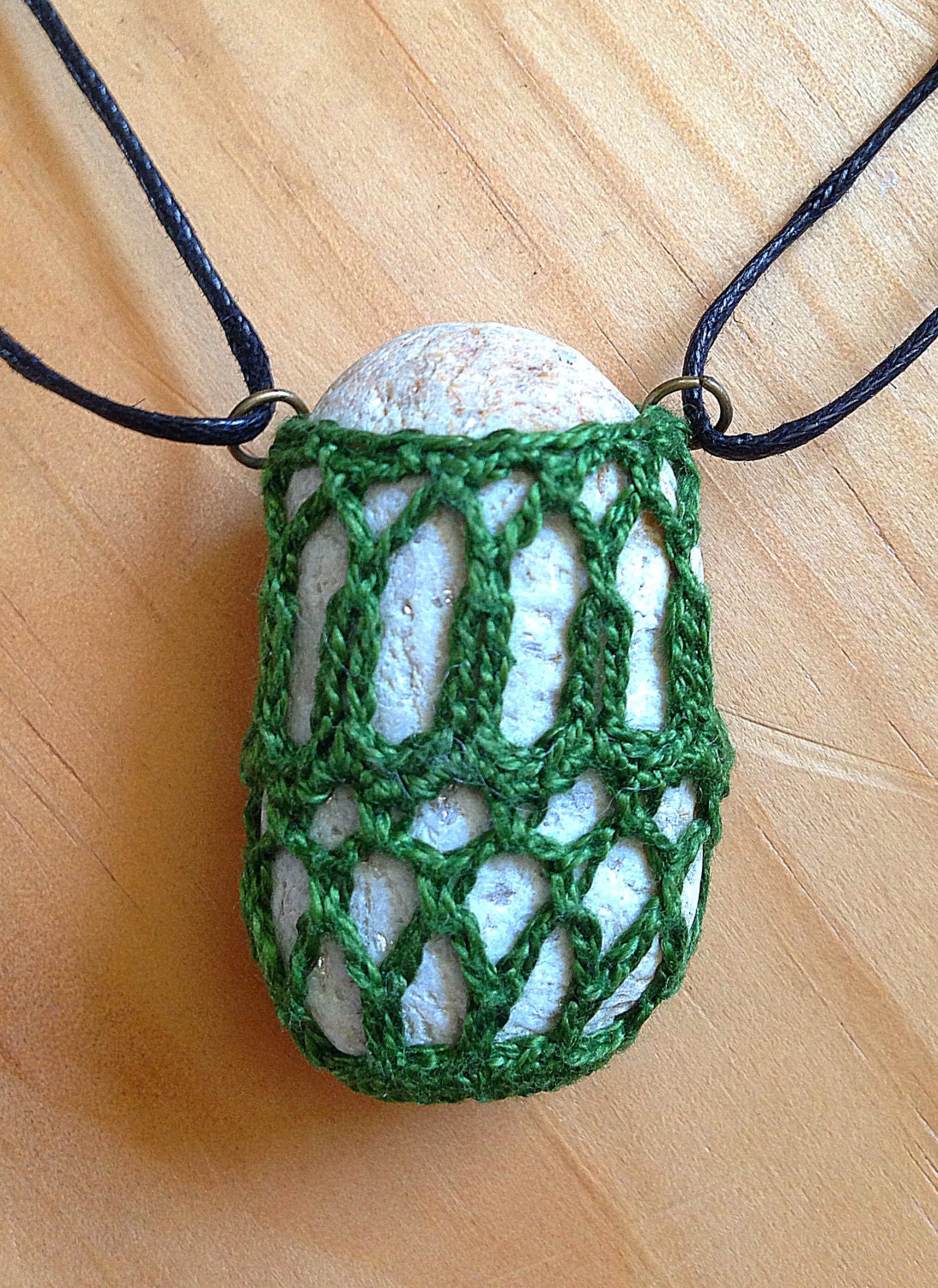 NEW- perfect for spring, crocheted local beach stone necklace. Adjustable, intricate, found object, ocean, seaweed