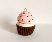 Pink Polka Dot Vanilla Cupcake Charm Pendant Brown Pink White