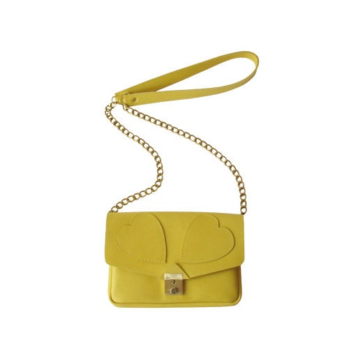 Hearts Leather Bag Yellow, handmade, heart, shoulder bag, Yellow leather bag, elegant bag
