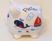 Personalized Piggy Bank Navy Blue Whales with Sailboats, Fish and Ocean