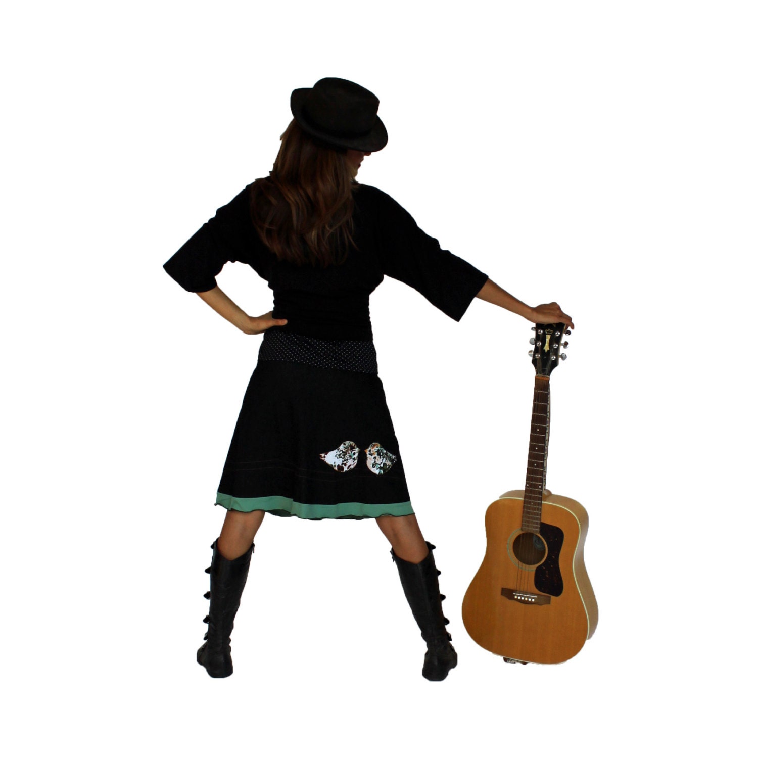 Love Birds On Branch Skirt, Black Organic Cotton Stretch Knit Denim Skirt With Applique