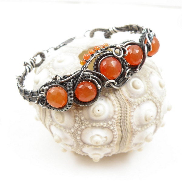 Wire wrap bracelet, sterling silver jewelry, gemstone bold bracelet, orange cuff, fashion jewelry, fine metalwork jewelry