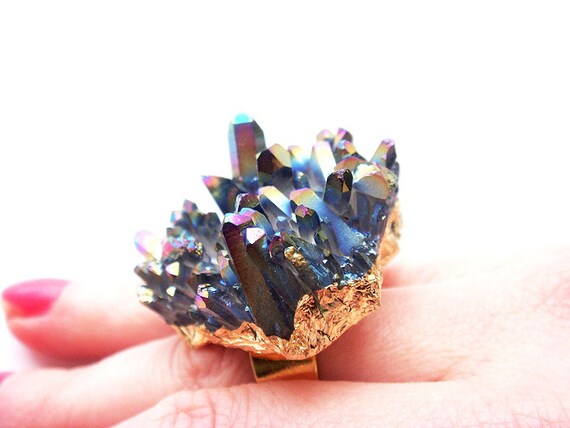 Huge Gold Plated Rainbow Titanium Quartz Crystal Druzy Ring