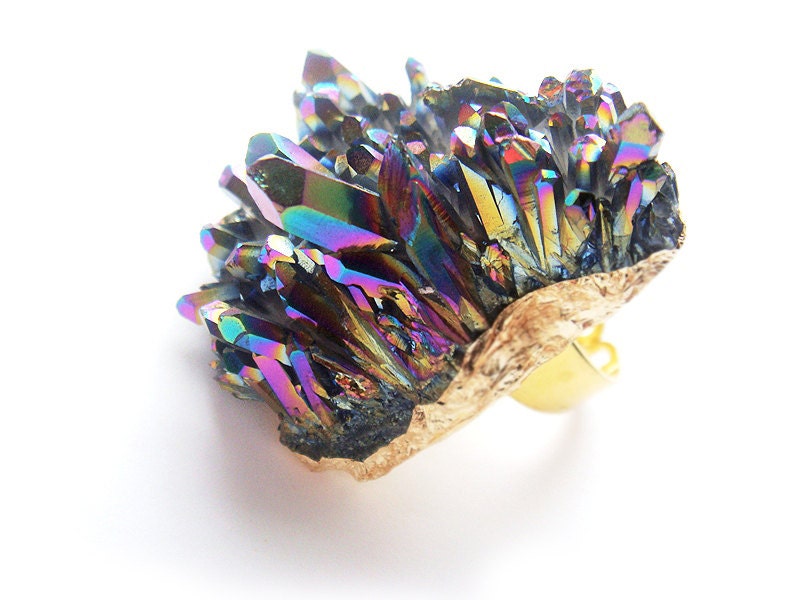 Huge Gold Plated Rainbow Titanium Quartz Crystal Druzy Ring