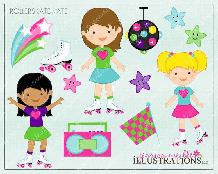 Rollerskate Kate Cute Digital Clipart for Card Design, Scrapbooking, and Web Design Il_570xn