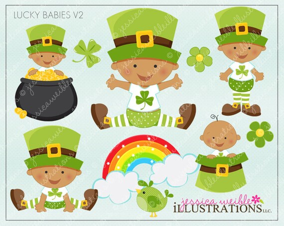 Lucky Babies V2 Dark Skin Cute Digital Clipart for Invitations, Card Design, Scrapbooking, and Web Design, St Patricks Day Il_570xn