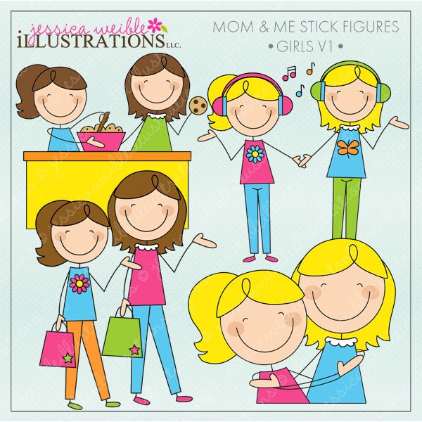 Mom and Me Stick Figures Girls V1 Cute Digital Clipart for Invitations, Card Design, Scrapbooking, and Web Design, Mothers Day Clipart Il_570xn