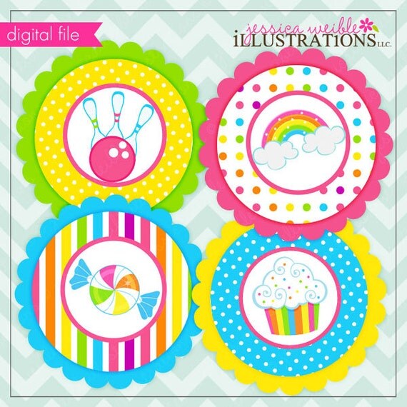 Girly Rainbow Bowling Theme - Printable Party Tags - Circles -Cupcake Toppers Il_570xn