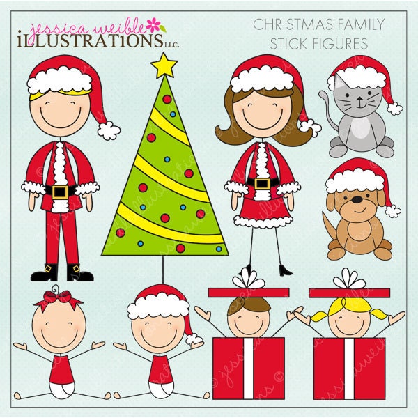 Christmas Family Stick Figures Cute Digital Clipart for Card Design, Scrapbooking, and Web Design Il_570xn