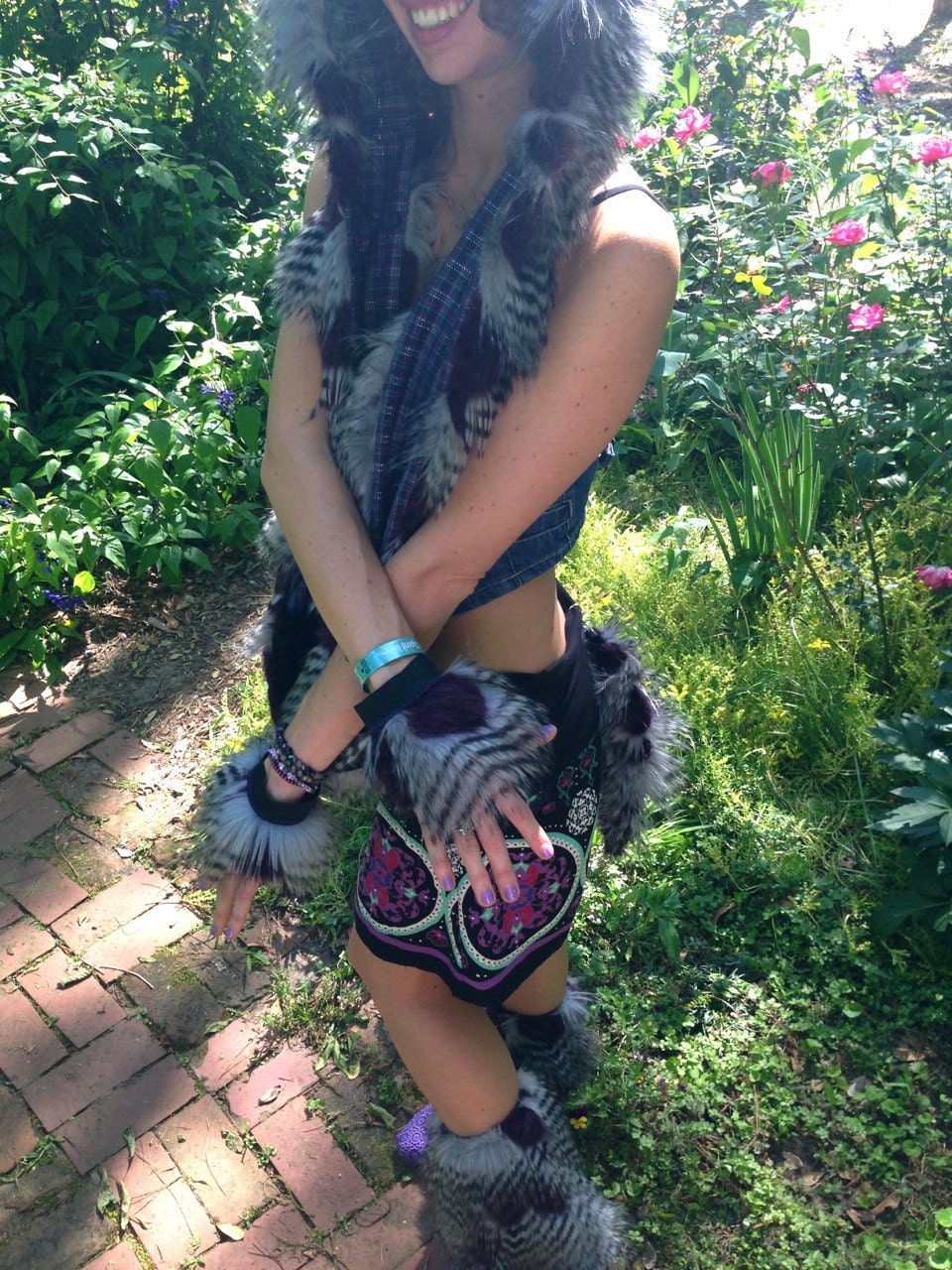 GREY OwLTaiL & Wrist Cuffs -- Purple // Grey // Black Feather Fur Costume Accessory -- faux fur furry Unisex
