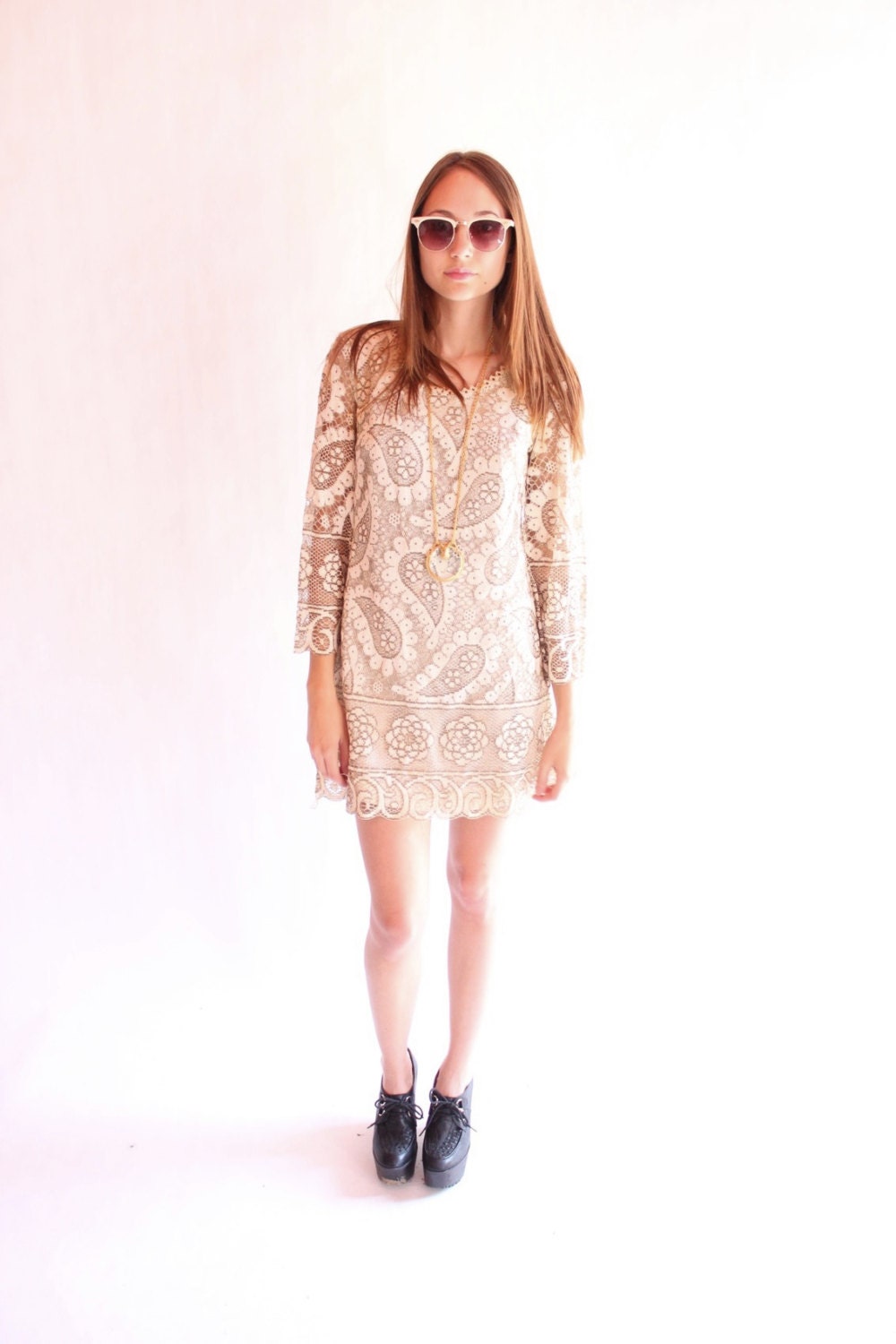 SIENNA 60s Ivory Lace Paisley Handmade Go Go Twiggy Baby Doll Mini Dress