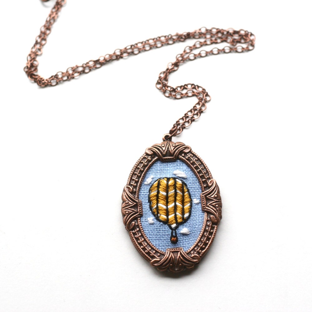 My Beautiful Balloon- hand embroidered necklace, hot air balloon, clouds, spring