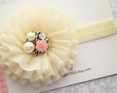 Ivory Flower Headband With Vintage Inspired Rhinestone - Baby Headband, Newborn Headband, Girls Headband, Toddler Headband