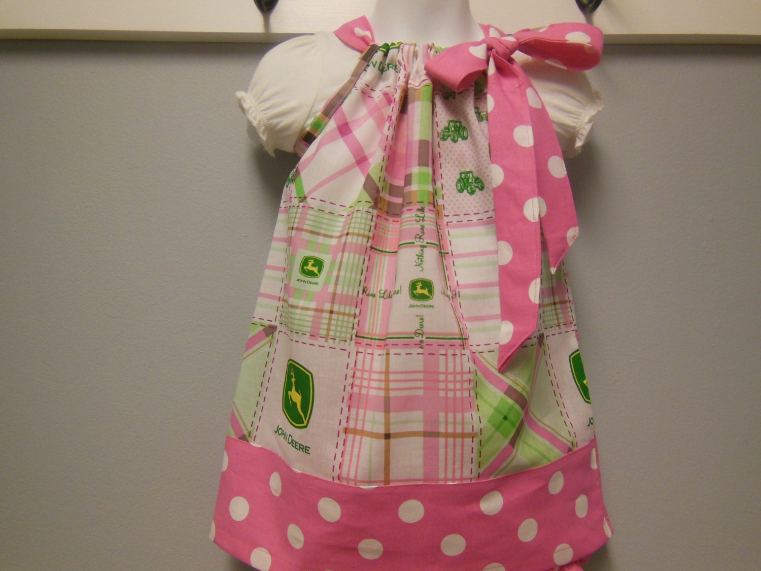 Pillowcase Sundress John Deere Pink Plaid with Polkadots Includes a Diaper cover Custom Sizes NB-4yr