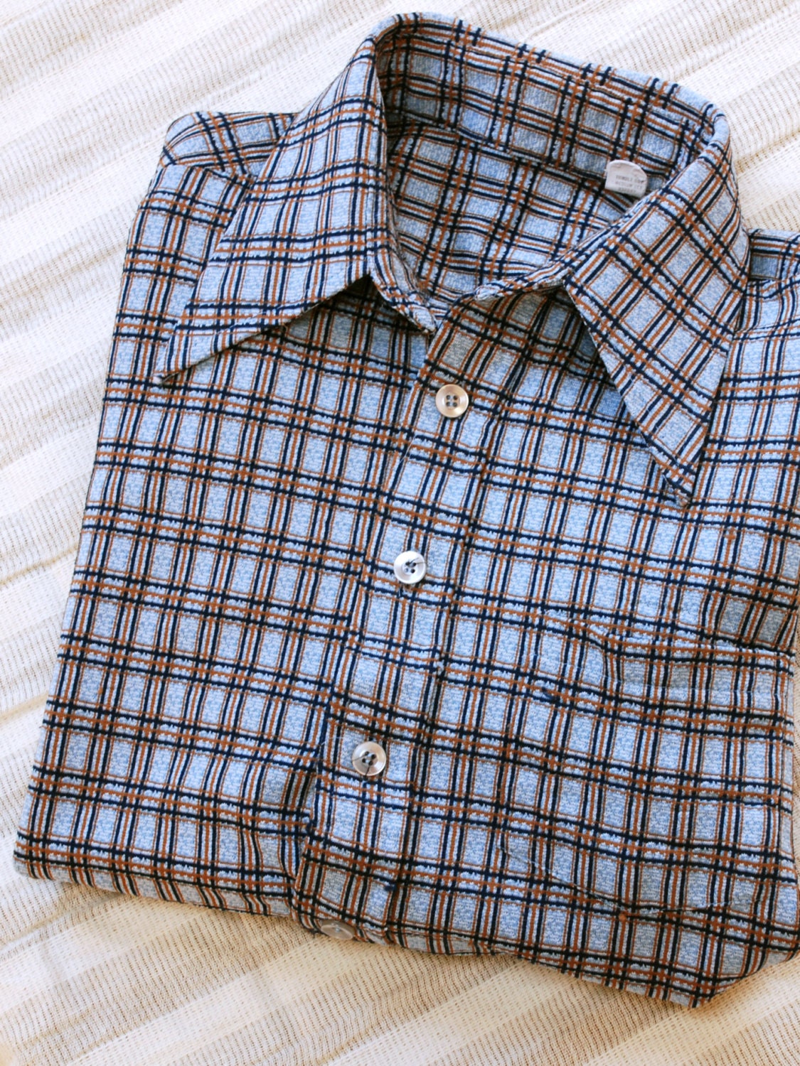 Vintage Men's 1970s Polyester Button Down Shirt - Blue Black and Red Plaid - Size Medium or Large