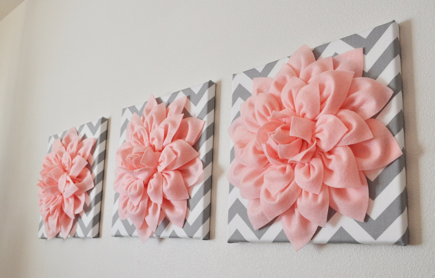 Wall Art -SET OF THREE Light  Pink Dahlia on Gray and White Chevron 12 x12" Canvas Wall Art- 3D Felt Flower