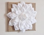 Wall Flower -White Dahlia on Burlap 12 x12" Canvas Wall Art- 3D Felt Flower