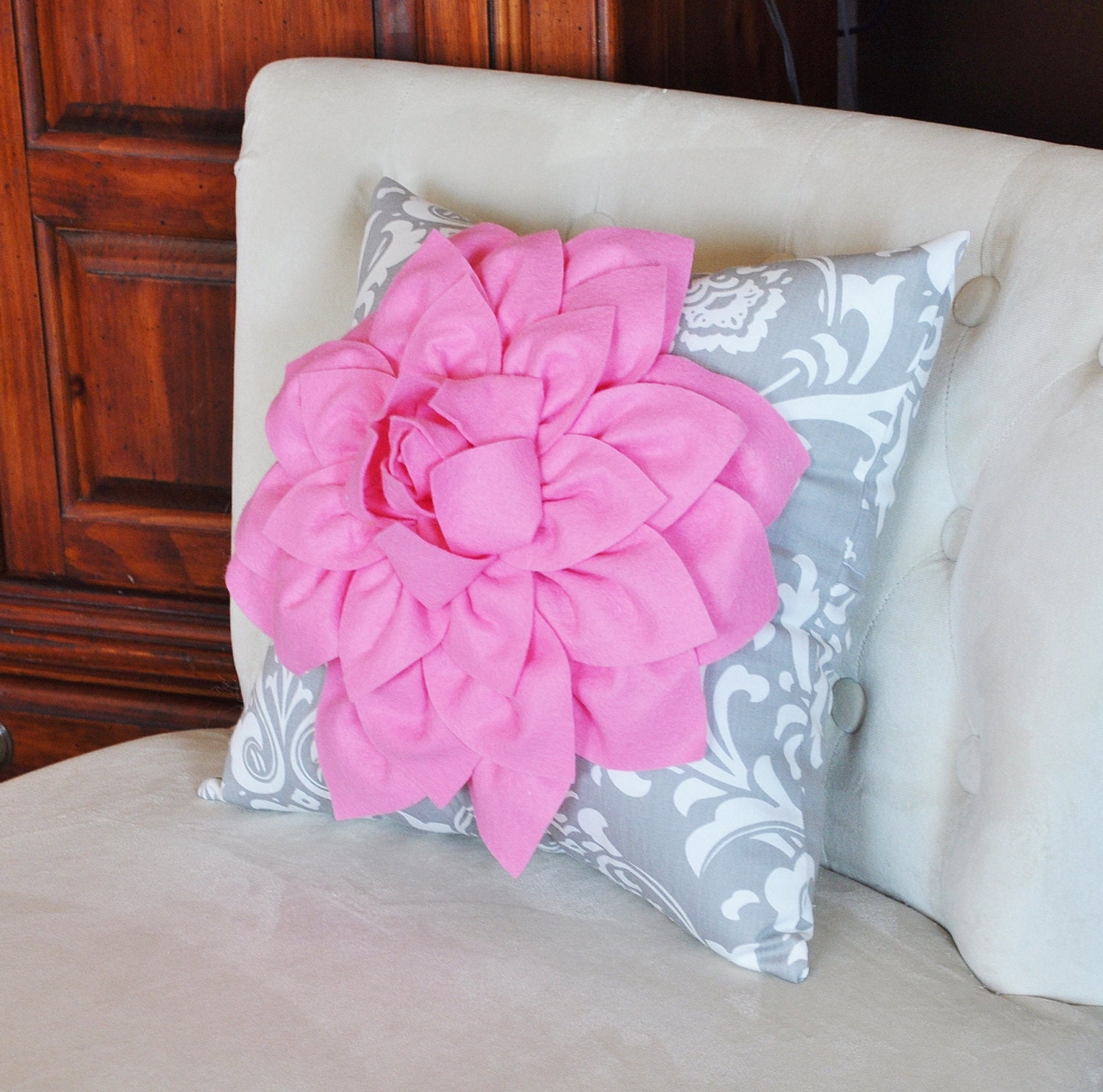 Damask Pillow-Bright Pink Dahlia on Gray and White Damask Pillow -Ozborne Pillow-