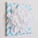 Wall Flower -White Dahlia on Aqua and White Chevron 12 x12" Canvas Wall Art- Baby Nursery Wall Decor-