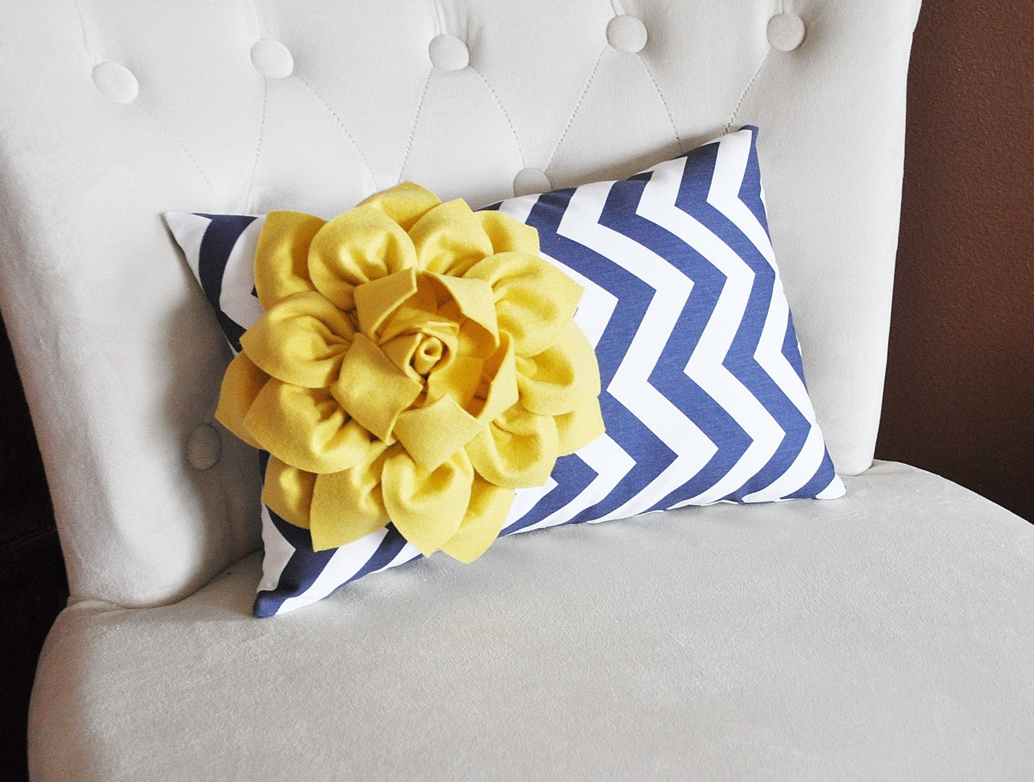 Navy Chevron Lumbar Pillow Mellow Yellow Dahlia on Navy and White Zig Zag Lumbar Pillow 9 x 16