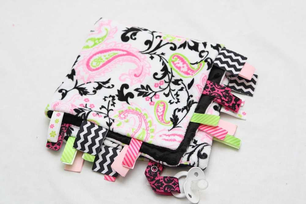Baby Ribbon Tag Blanket - Minky Binky Blankie - Pink n Paisley