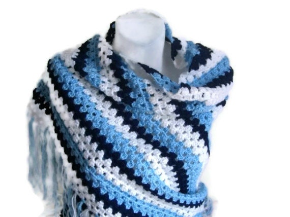 Handmade Shawl - Blue White Dark Blue Shawl - Handwoven Stole