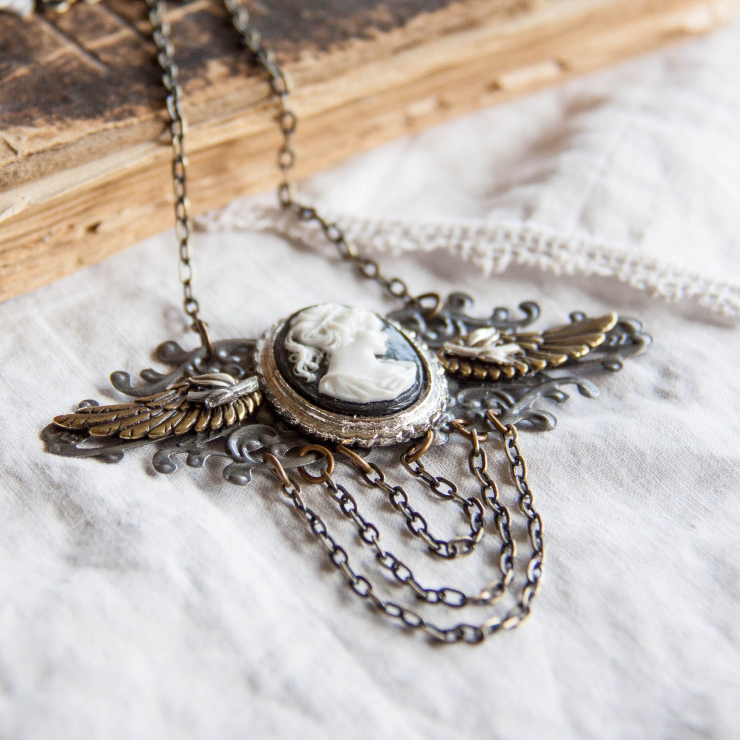 repurposed black and white cameo brooch collage necklace / mixed metals / austen necklace