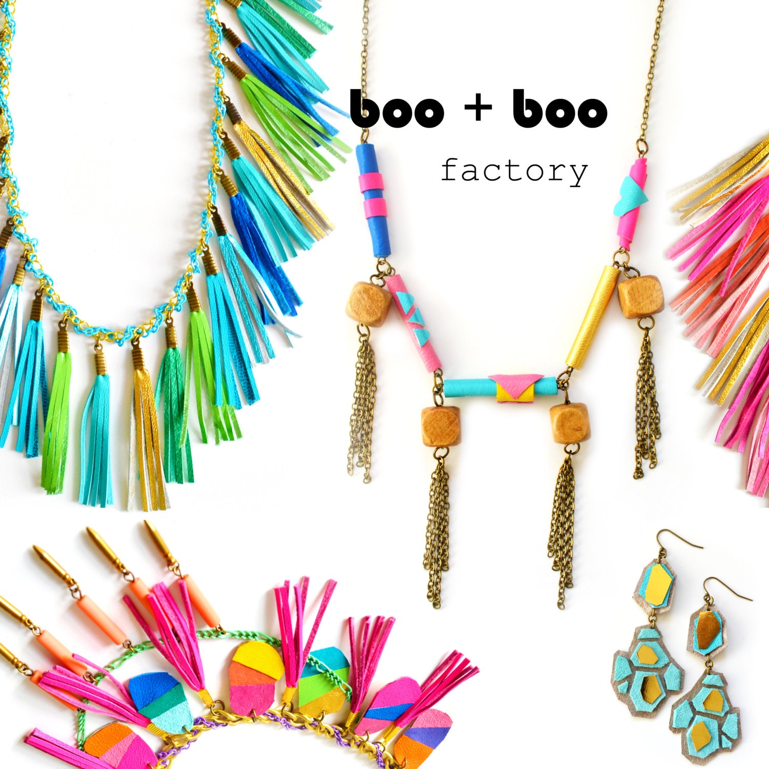 Fringe Leather Bib Necklace Native Rainbow and Chain