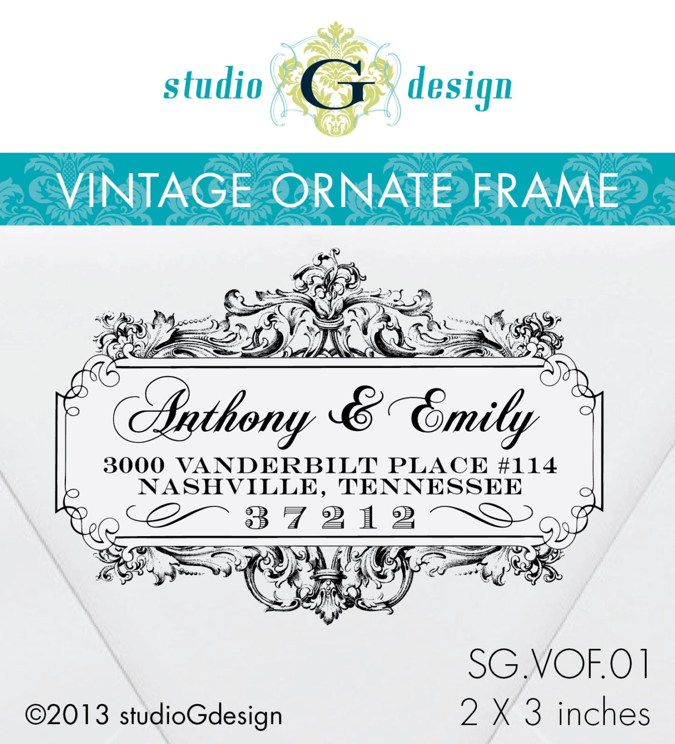 2 x 3 in --  Personalized Custom Return Address  Rubber Stamp  --  VINTAGE ORNATE FRAME
