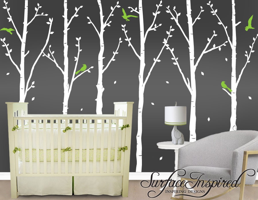 Tree Wall Decal - Winter Trees With Leaves and Flying Birds