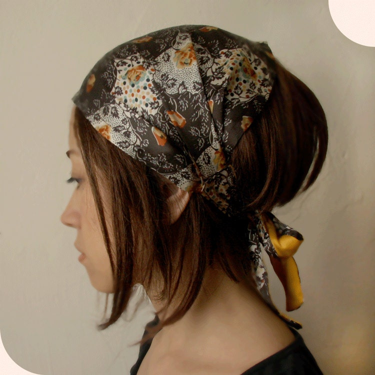Silk Hair scarf - Multi size -Brown/ orange/  Floral