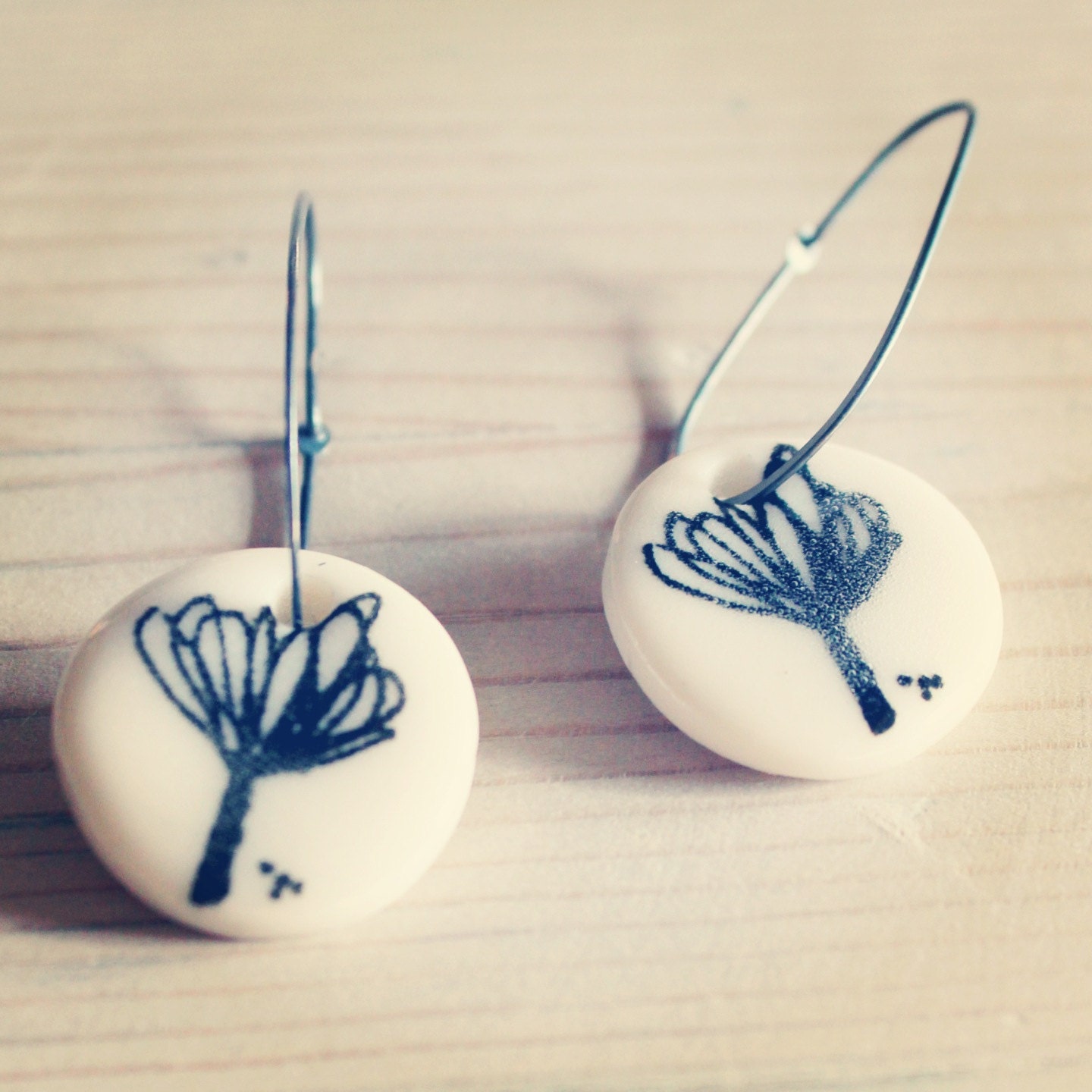 one pair of earrings modern porcelain screenprinted flower.  MADE TO ORDER