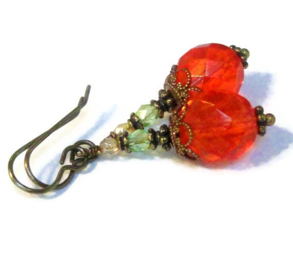 Fall Fashion - Rust Orange Earrings, Pumpkin Harvest Czech Glass Antique Brass, Handmade Beaded Jewelry