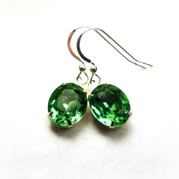 Lime Green Rhinestone Earrings - Bright Citrus Green Rhinestone Crystal Earrings, Sterling Silver Earring Hooks, Simple Victorian Earrings