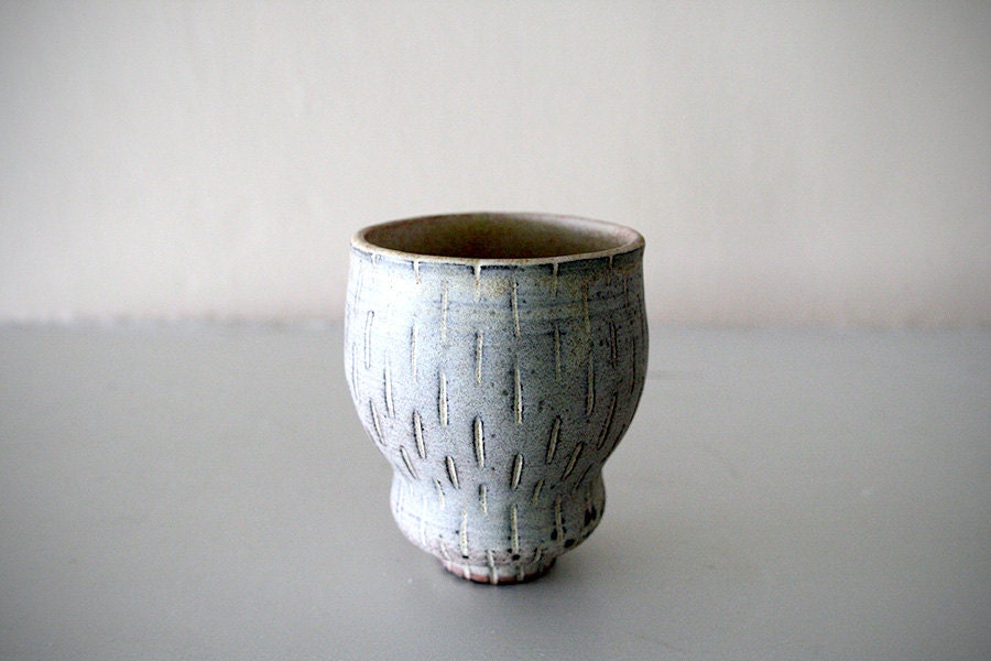 Small Stoneware Cup with Rustic Carved Design and Texture / Wheel Thrown / "LOOSEY GOOSEY"