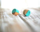 Teal and Natural Wood Studs - Earrings - Pair of Earrings