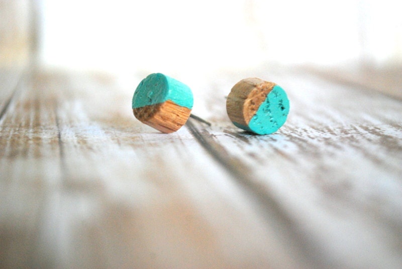Teal and Natural Wood Studs - Earrings - Pair of Earrings