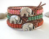Elephant Bracelet - Lucky Girl - Bohemian jewelry YOUR CHOICE terracotta, turquoise, topaz pink, leather wrap friendship bracelet, good luck