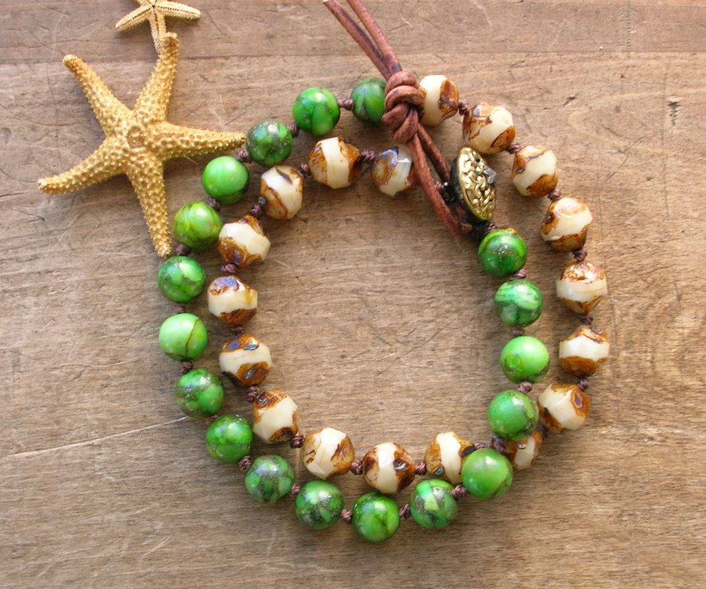 Boho chic knotted bracelet, leather, double wrap bracelet, Elements - Sea Grass, sundance, Bohemian jewelry, summer, sand, green