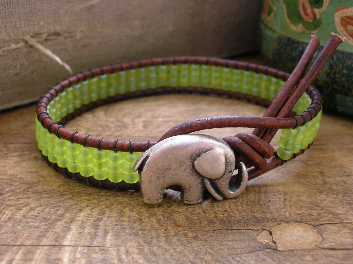 Lucky Girl elephant bracelet, chartreuse leather wrap bracelet, Bohemian jewelry, lime friendship good luck charm, boho