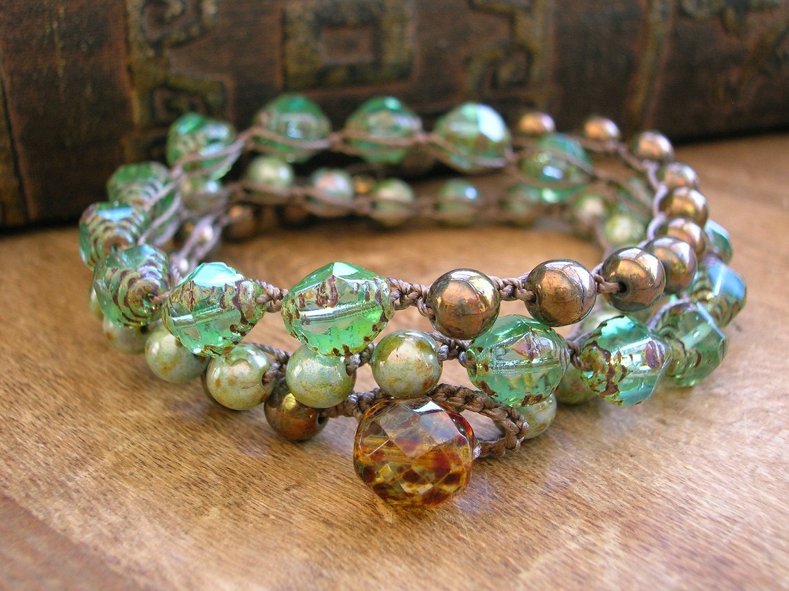 Boho crochet bracelet, wrap bracelet crochet necklace - Seascape - Bohemian jewelry beach jewelry, aqua bronze turquoise green