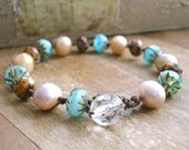 Bohemian beach bracelet - Beachcomber - knotted bracelet friendship bohemian jewelry, beach jewelry boho, pearls, aqua blue, surfer girl