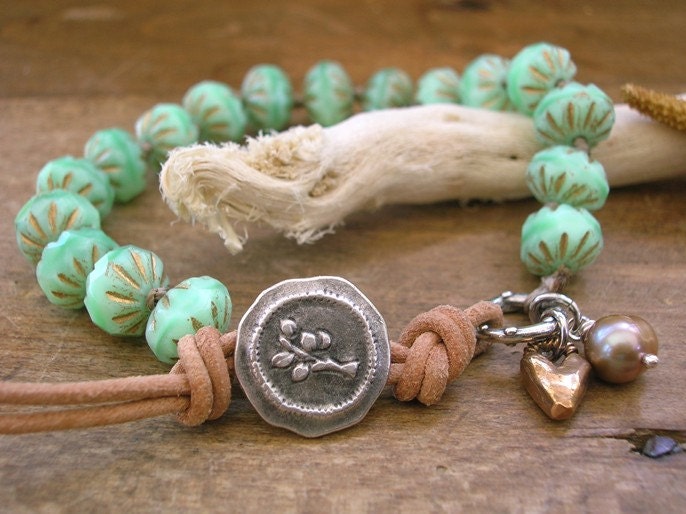 Boho knotted wrap bracelet - Seafoam - leather bracelet bohemian jewelry, beach jewelry artisan sterling silver, charms sundance