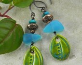 Tropical Blue Sea Glass Earrings Green Ceramic Leaf Copper OOAK
