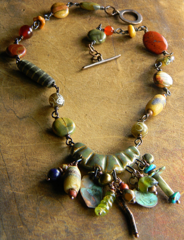 Green Ceramic Choker Necklace Red Creek Jasper Bone Jade Tribal Copper OOAK