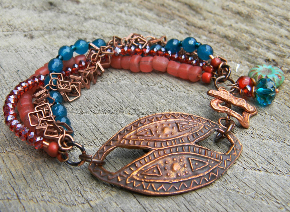 Urban Tribal Bracelet Copper Teal Blue Orange Pomegranate OOAK