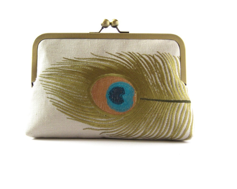 Linen Embroidered Peacock Feather Chartreuse ,Bridal clutch, Wedding clutch, Evening purse, Bridesmaid clutch, Handmade in Ireland Bag Noir