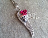 Dia De Los Muertos Skull Wing and Rose Necklace