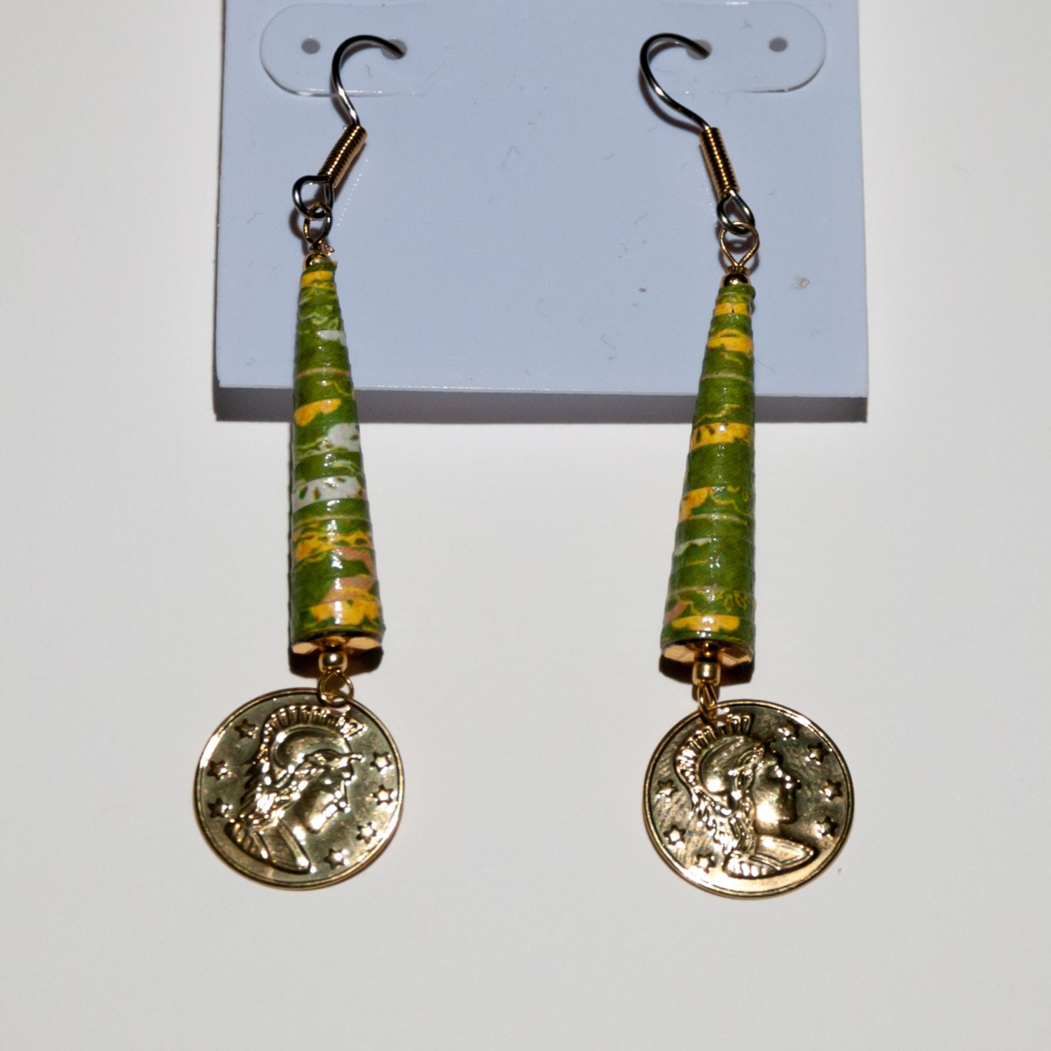 Upcycled Paper Bead with Golden Coin Charm Earrings - Choose Emerald Green or White